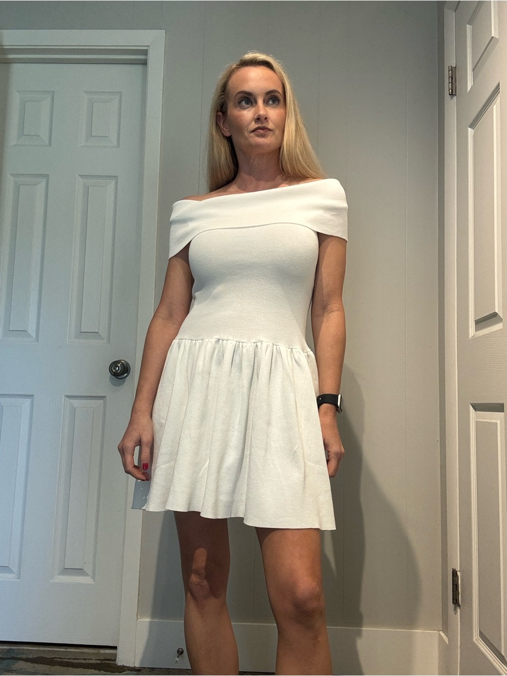 Off-Shoulder White Mini Dress - Feminine Fit